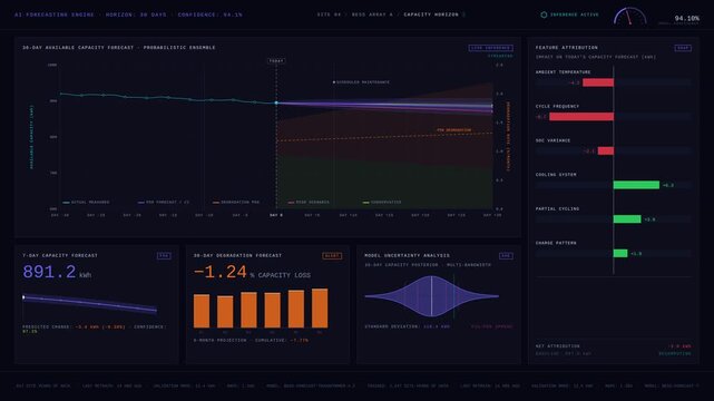 An advanced AI storage forecasting interface visualizes battery capacity and degradation predictions with colorful charts and animated metrics, designed for data analysis and decision-making.
