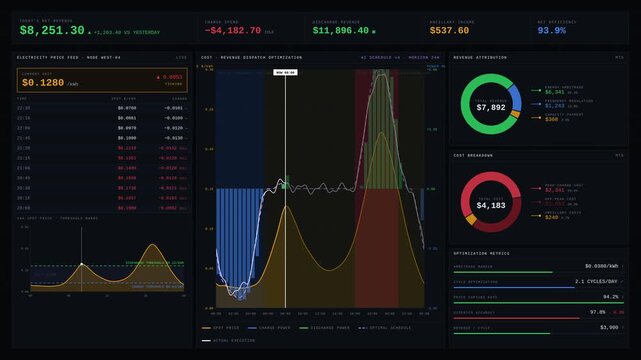 A high-tech battery energy management dashboard animating charging costs and discharge revenue with a dark financial interface, featuring market price feeds and optimization curves.