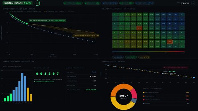 An advanced energy storage health dashboard showcasing degradation, temperature, cycles, and capacity metrics with a clinical dark mode design and vibrant health-coded accents.