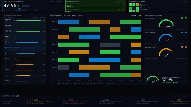 A detailed grid battery dispatch dashboard animation showcasing reserve capacity and response readiness with critical data visualizations in a serious, military-grade color palette.