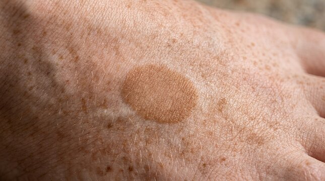 Close up of human skin texture showing complex pigmentation and natural freckle patterns on a hand
