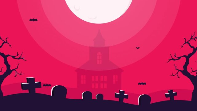 Halloween Background Video 4k With Pink Red Gradient Full Moon Graveyard Castle Silhouette and Flying Bats
