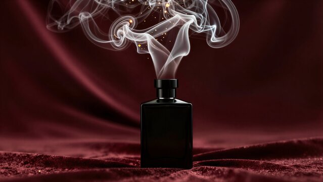 Elegant perfume bottle emits fragrant smoke against rich red velvet backdrop.