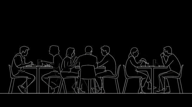 set of people dining side view drawings outline architectural, group of friends eating and talking in restaurant concept. black minimalist line art illustration for architectural elevation, section...