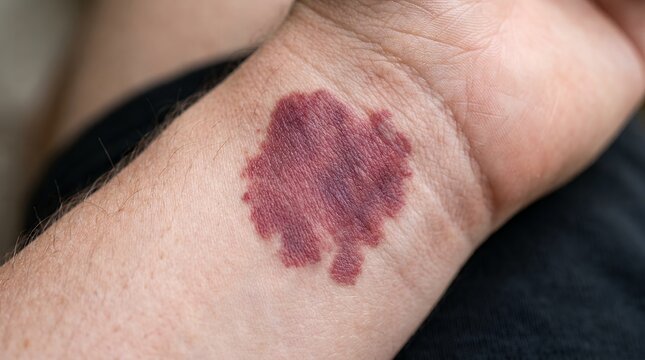 Close up of skin discoloration mark on the arm showing reddish purple bruise or rash texture detail