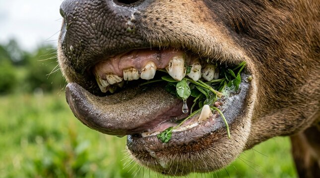 Close-up of cow mouth eating fresh green grass in a field