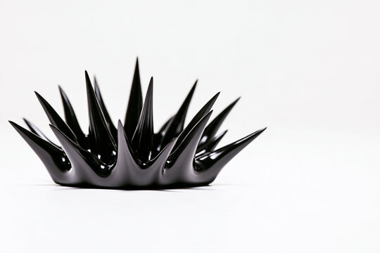 Black ferrofluid pulled into sharp spikes on a white surface, magnetism concept