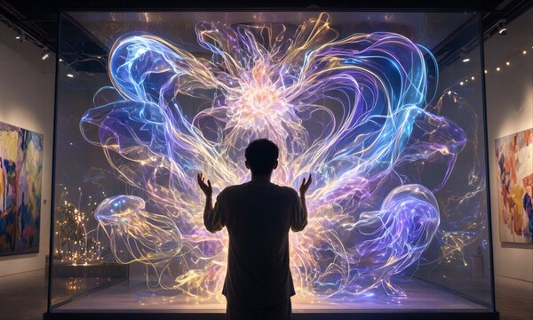 A man stands before a glowing, colorful light sculpture in an art gallery.