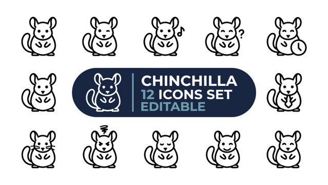 Chinchilla Icon Set: A collection of cute and expressive chinchilla icons, each depicting a different emotion and action, perfect for graphic design and illustration.