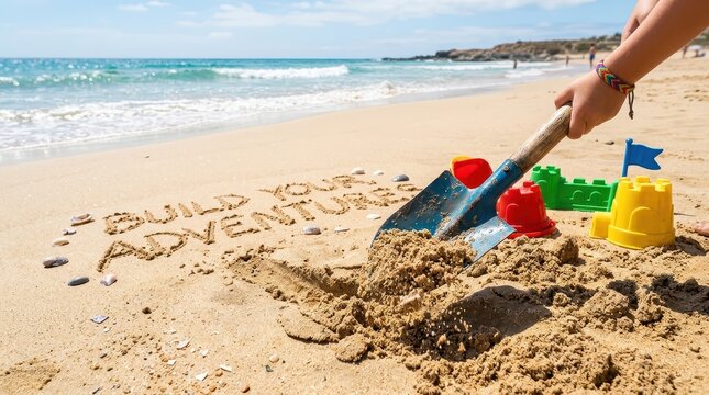 Child's hand with shovel building sandcastle on sunny beach, text 'Build Your Adventures' in sand
