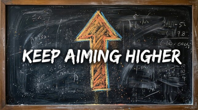 Chalkboard with arrow and text 'Keep Aiming Higher', symbolizing motivation and growth