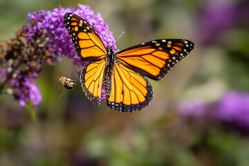 Obraz premium Monarch butterfly resting on a purple butterfly bush flower cluster at Urquhart Butterfly Garden, Dundas, Hamilton, Ontario, Canada