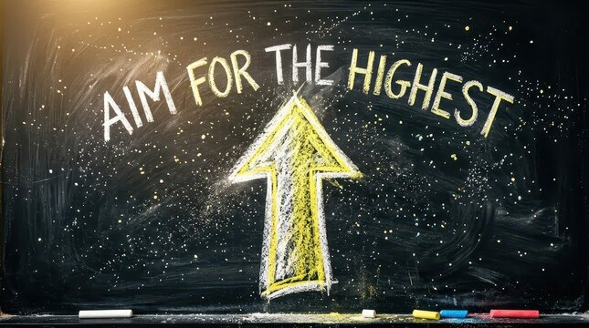 Chalkboard with arrow and text 'Aim for the Highest', symbolizing success and ambition