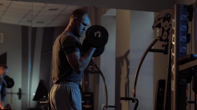 Athletic man lifting dumbbells in modern gym during workout, warm ambient lighting and mirror reflections visible behind him as he performs dumbbell curls for strength