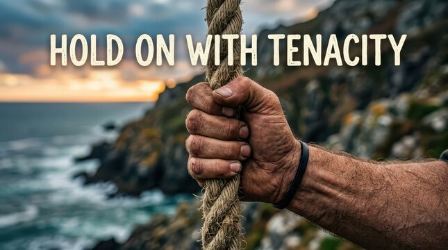 Close-up of a weathered hand gripping a thick rope on a cliff overlooking the sea at sunset