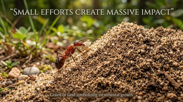 Ant climbing anthill, symbolizing small efforts creating massive impact and incremental growth