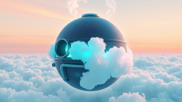 Spherical droid floats amid clouds. Soft pastel sky provides backdrop. Smoke emanates from top, creating ethereal feel. Futuristic design.
