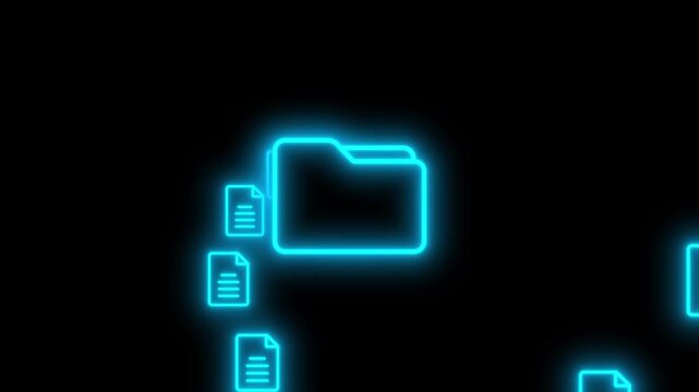 Neon folder animated glowing blue icon with documents flying in and out continuously on black background.