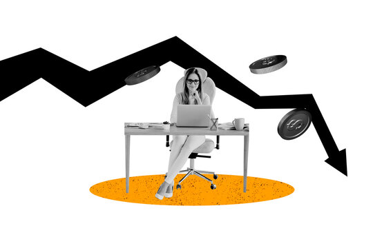 Composite photo collage of inexperienced girl sit office workplace surf laptop arrow decline progress crisis isolated on painted background