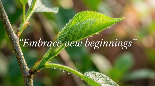 Close-up of fresh green leaves with dew drops, symbolizing new beginnings and growth