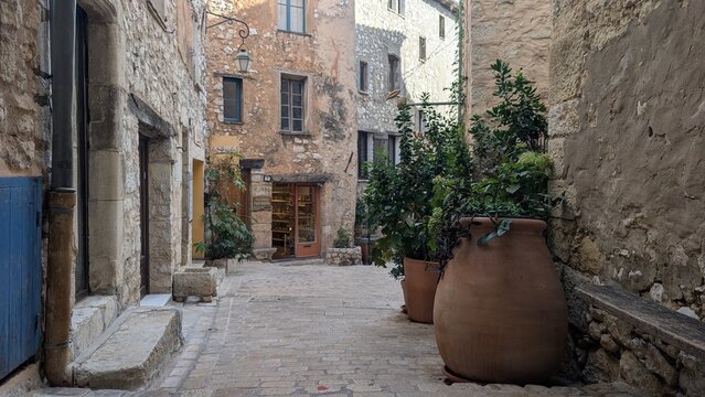 Old stone street with potted plants in Tourrettes-sur-Loup, France. 