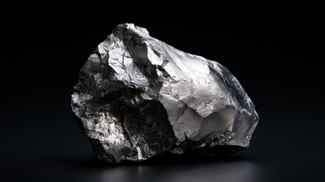 Extreme macro of rugged jagged shiny silvery thallium metal chunk with chrome highlights and fractured cleavage planes on dark reflective surface
