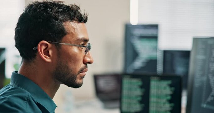 Coding, review or man in agency with computer, system analysis or debugging of website data. Reading, digital or code editor with tech, script correction or programming with software troubleshoot.