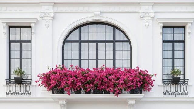 A classic white building facade features arched windows adorned with vibrant magenta bougainvillea flowers. Perfect for architectural design and elegant travel lifestyle concepts.