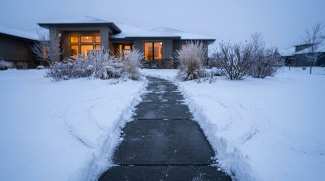 Cleared concrete walkway leading through deep snow to modern suburban house with warm glowing windows at dusk. Shoveled path and snowy front yard in winter. Snow removal, cold weather