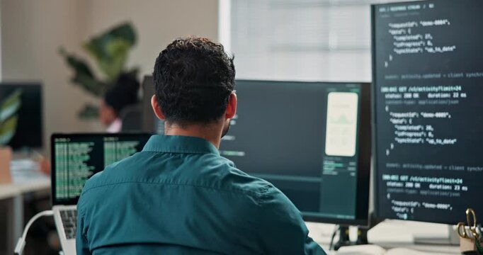 Coding, review or man in office with computer screen, system analysis or debugging of website. Back, digital or code editor with programming, script correction or troubleshoot software in tech agency