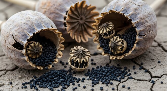 Dried poppy seed pods and black seeds on cracked earth