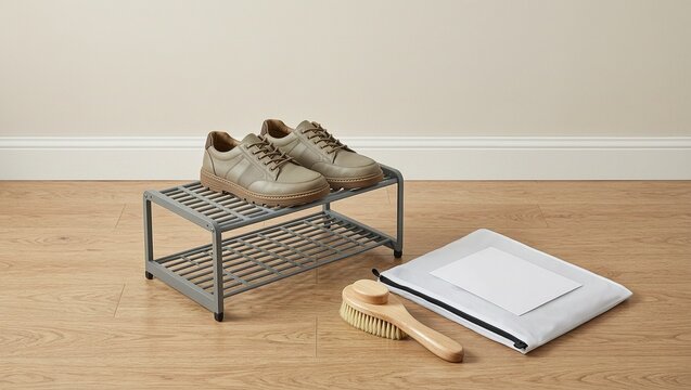 Travel shoes with brush, washable bag and ventilated storage rack