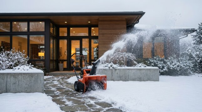Snow blower clearing snow from stone walkway outside modern house with glowing windows. Snow spraying high over front yard in winter. Home maintenance, snow removal and property care concept