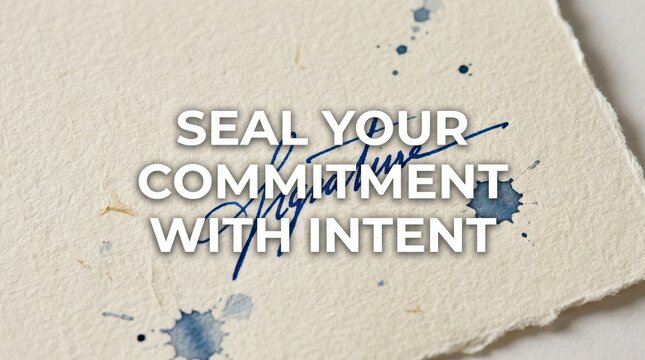 Close-up of textured paper with ink splatters and handwritten text about commitment
