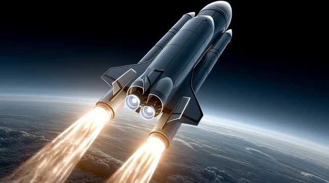 Modern transport rocket ascending into orbit above Earth with powerful engine thrust and sunrise over the planet's atmosphere