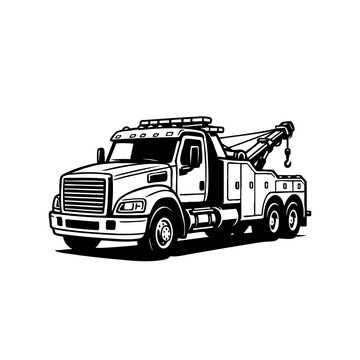 Black and white tow truck or breakdown vehicle icon isolated on white background, heavy duty tow truck