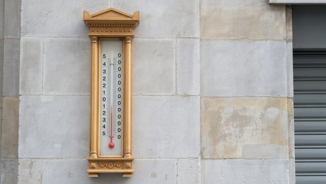 An antique wooden thermometer mounted on an old stone wall outdoors. Ideal for climate and weather monitoring concepts.