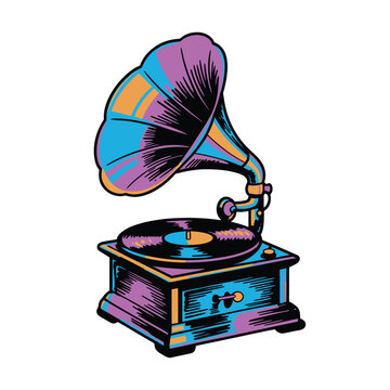 Vintage gramophone vector illustration, hand drawn colorful retro phonograph with vinyl record for music and nostalgia design
