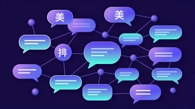 Purple and blue speech bubbles form a network, connecting ideas with Chinese characters.