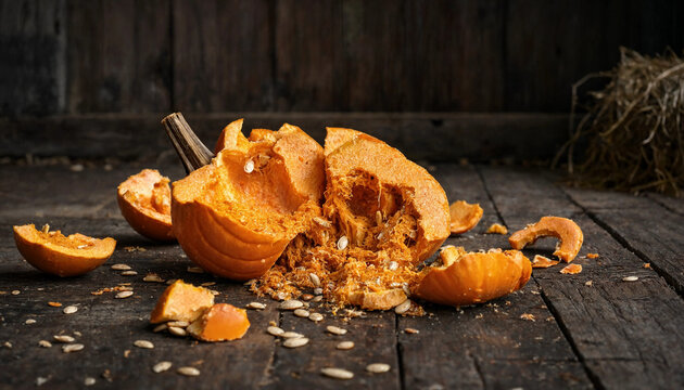 Smashed Pumpkin and Broken Pumpkin with Pumpkin Pieces, Pumpkin Seeds on Rustic Wood