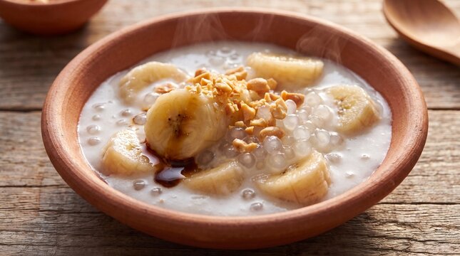 Steaming bowl of Vietnamese banana tapioca pudding Che Chuoi topped with crushed peanuts, generative AI