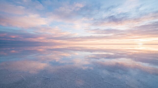 Salt flat mirror reflection at sunset, pastel sky mirrored on flooded salt pan, serene horizon landscape for travel and wellness