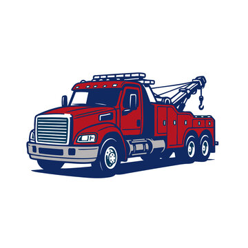 Vintage style heavy duty red tow truck vector illustration, retro wrecker and roadside assistance graphic design