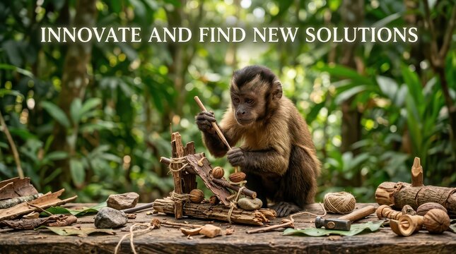 Clever monkey building a structure in a lush jungle setting, demonstrating intelligence and