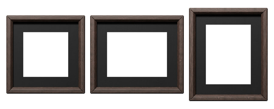 Elegant dark wooden picture frame with a black mat and empty central opening, isolated on black background, offering sophisticated space for artwork, photography, or branding.