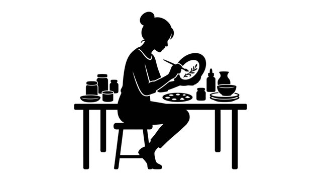 Ceramic artist at work: Silhouette of a woman painting a ceramic plate at a table, surrounded by art supplies.