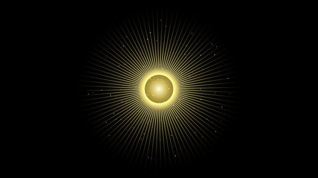 Golden Glowing Star Rays with Floating Particles on Black Background