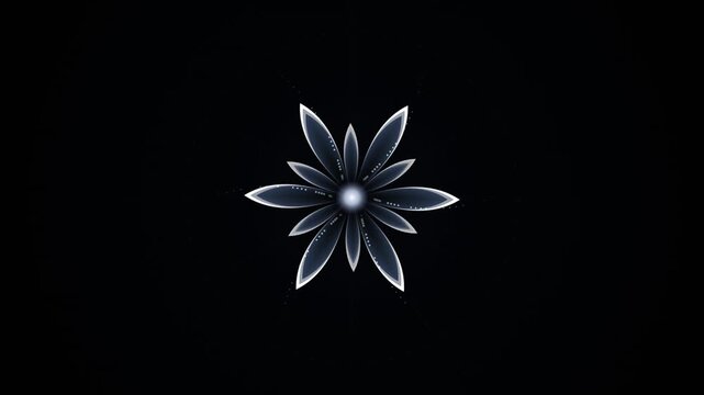 Futuristic Metallic Flower Animation Rotating on Black Background
