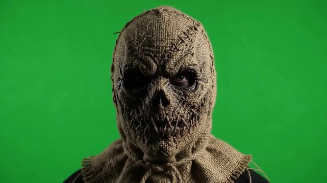 Menacing burlap scarecrow mask, rough texture, dark hollow eyes, stitched mouth, slowly turning head, revealing chilling gaze on  green, for spooky