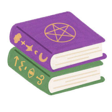 Cute hand drawn stack of vintage magic spell books with pentagram star and occult symbols doodle, crayon texture Halloween grimoire isolated on transparent background PNG clipart for wizard card
